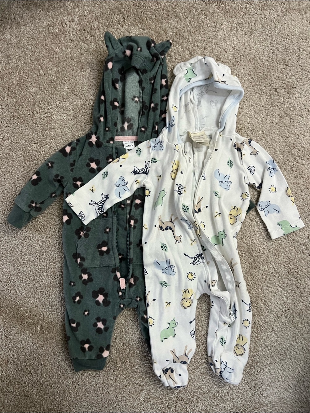 Hooded 3mo Baby Onesies - Green Floral & White Animal Hoodeds
